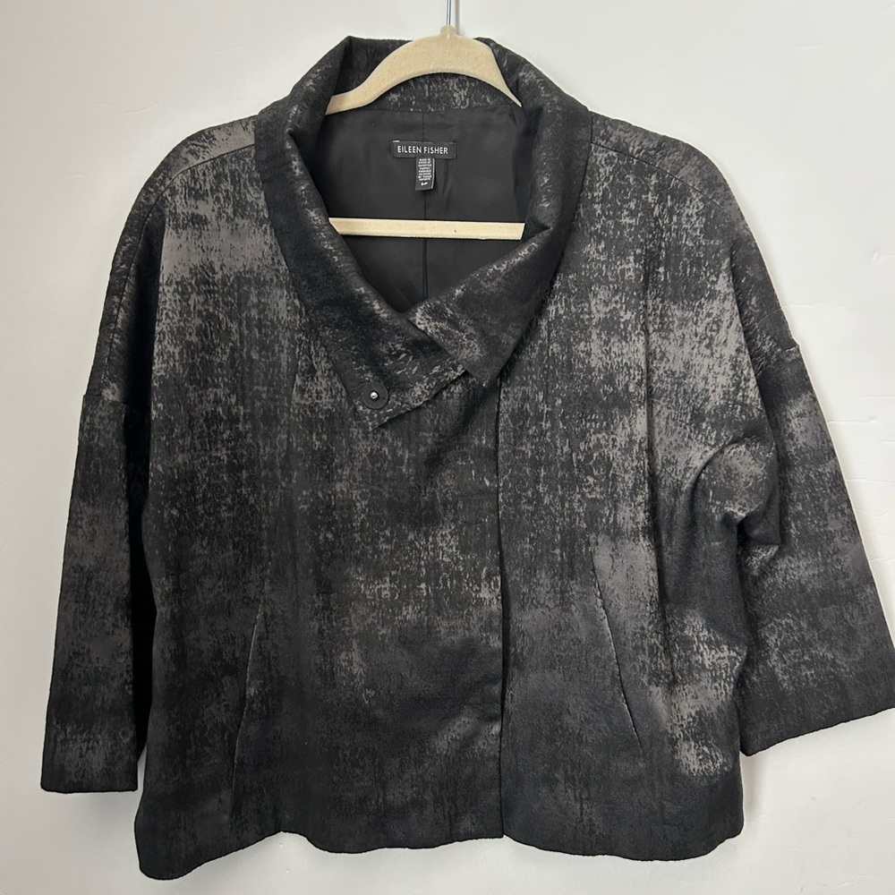 Eileen Fisher Grandeur Jacquard top jacket in black and gray S P - Picture 2 of 5